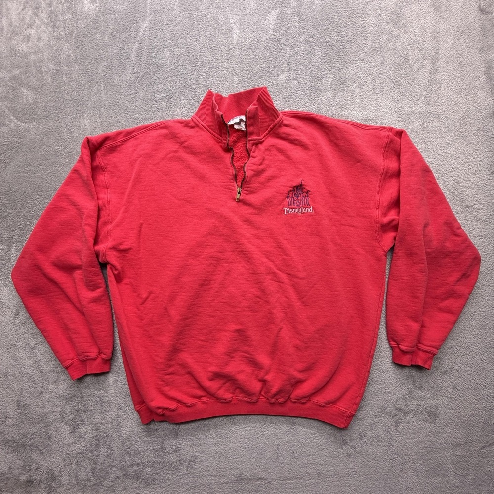 Disneyland Sweatshirt Mens Large Red Quarter Zip Pullover Fleece‎ Castle Logo